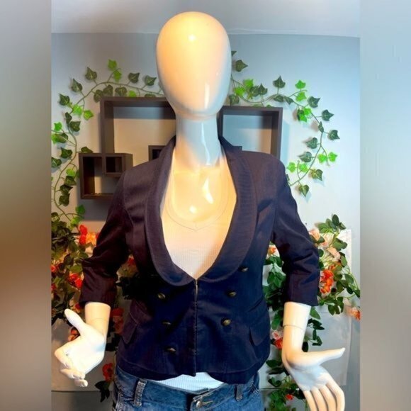 Ann Taylor LOFT Navy Cropped Blazer Jacket Double Breasted Brass Button 8 RefY20 - Picture 1 of 9